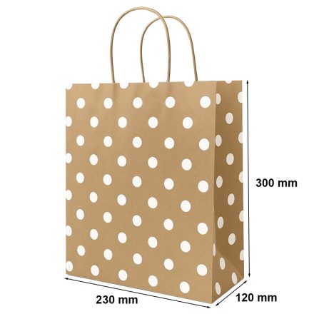 Kraft papierová taška hnedá s bielymi bodkami s rukoväťou 230x120x300